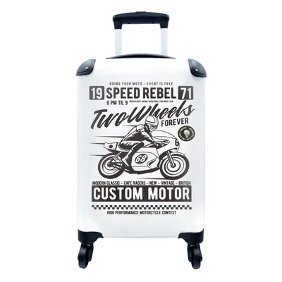 Produktbild von MuchoWow® Koffer Handgepäck Trolley Rollkoffer Kleine Reisekoffer mit 4 Rollen - Motorrad - Mann - Vintage - Zeichnung - Cabin Size < 55x40x23 cm & 55x40x20 cm - Fotokoffer - Kabinenkoffer - Boardgepäck - Reise-Box - Reisekoffer - Reisegepäck - Koffer mit Bild - Trolley für Kinder