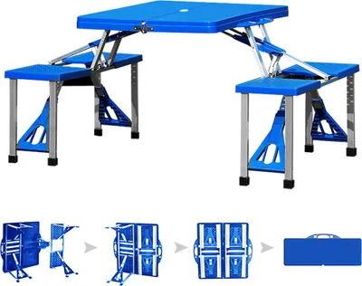 Image de Deuba Alu Table de camping Table valise pliante avec chaises Poignée de transport Parasol Set de meubles de camping Banc pour camping