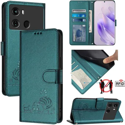 Produktbild von Leder Hülle für itel P40 Süße Katze Flip Case Brieftasche Schutzhülle mit Standfunktion Grün