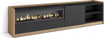 Image de Meuble TV, Banc Télé, Grand espace de Rangement, 207x37x50cm, Pour les TV jusqu'à 80", Cheminée électrique, Noir et chêne