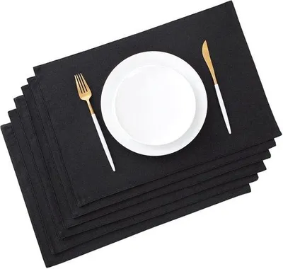 Productafbeelding van Unyqoos® Zwarte placemats, set van 6 – wasbare, dubbelzijdige polyester tafelonderzetters, 48 x 33 cm, geschikt voor elke tafel