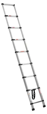 Produktbild von Teleskopleiter, 254 cm lange, Ausziehleiter aus Edelstahl, Klappleiter mit Tragkraft von 150 kg (75°) & rutschfeste Füße, tragbare 9-Stufen-Leiter für Zuhause, Wohnmobil, Dachboden