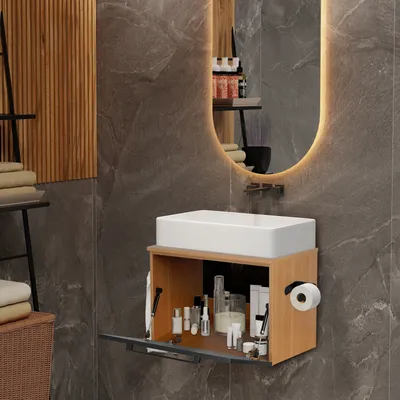 Produktbild von Puluomis Badezimmerschrank Waschtisch mit Handtuchablage, Toilettenpapierhalter, Badezimmer Badschrank Badmöbel Badregal,schwarz braun
