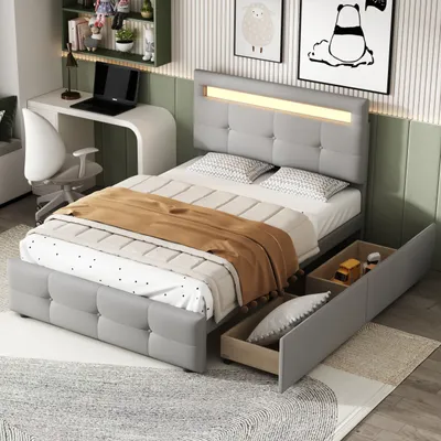 Produktbild von Merax Polsterbett 90x200cm mit LED, Schubladen und höhenverstellbarem Kopfteil, Funktionsbett Einzelbett mit Lattenrost und Leinenbezug in Grau