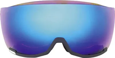 A close-up, front-facing view of a single ski goggle lens with a blue, mirrored finish.