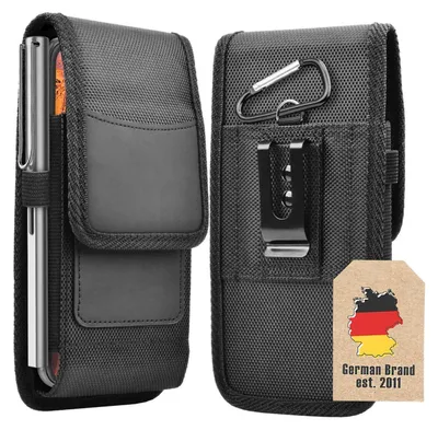A product shot of a black phone case with a carabiner clip and belt clip, shown from two angles. A small tag with the German flag and text is in the bottom right corner.