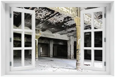 Produktbild von Wallario Premium Glasbild mit Fensterrahmen, freischwebende Optik, kräftige Farben, Größe 60 x 90 cm Motiv Verlasse Brauerei - Alte Industriehalle