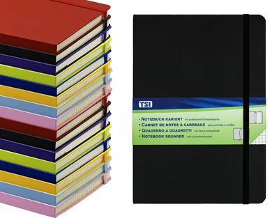Produktbild von TSI Notizbuch A5, kariert, Farbe schwarz, 192 Seiten, mit Innentasche, Lesezeich