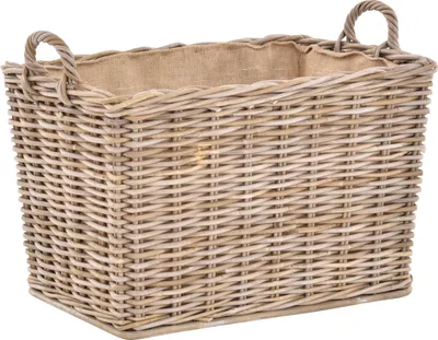 Produktbild von KRINES HOME Stabiler Kaminholzkorb, Flechtkorb mit eingearbeitetem Jutestoff/Holzkorb Kaminkorb aus unbehandeltem Natur-Rattan Grau