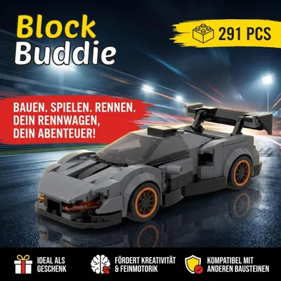 Produktbild von BlockBuddie™ Senna Grau Orange inspiriertes Klemmbaustein Auto mit 291 Teilen – Sportwagen Modellbausatz