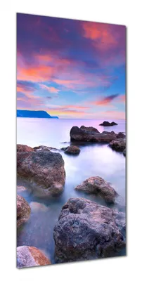 Produktbild von Wallario selbstklebende Duschrückwand 90 x 180 cm mit Motiv Seelandschaft in blau und rot mit großen Felsen - Wandverkleidung mit Hochglanzlaminat in Glasoptik