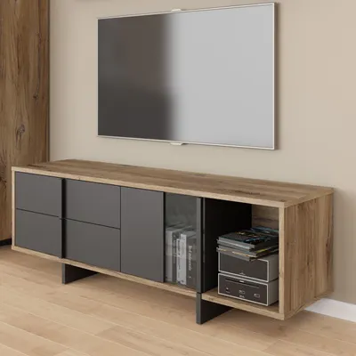 Image de Meuble TV Forte JOKKAZ, 160 cm, meuble bas TV, 1 porte, 2 tiroirs, idéal pour le salon, en bois