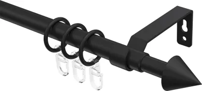 A close-up studio shot of a black curtain rod with rings and a finial.