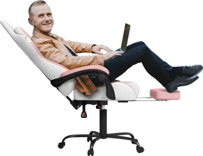 Produktbild von XMTECH Gaming Stuhl, Ergonomischer Bürostuhl mit Massage-Lendenkissen & Kopfkissen, Gaming Sessel mit Fußstütze, Höhenverstellbar, PC Stuhl 135 kg Belastbarkeit, Rosa