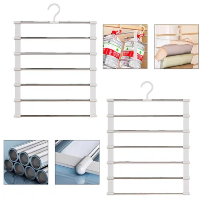 A collage of images showing multi-tier hangers for clothes and examples of their use.