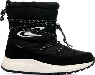 A single black winter boot for women.
