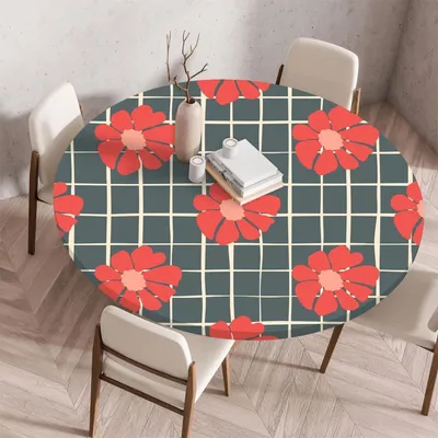 Immagine prodotto di Tovaglia elastica rotonda, impermeabile, con motivo a fiori, diametro 110 cm, fiori rossi