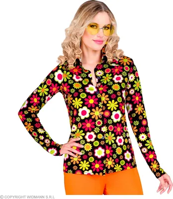 Produktbild von 60s Bluse Flowers schwarz pink 70er Hippie, Groesse:S/M