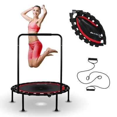 Image de Mobiclinic Kangumobi, Trampoline de fitness, pliable, intérieur et extérieur, Ø 101 cm, 2 bandes de résistance, jusqu'à 150 kg, avec hauteur réglable, rouge