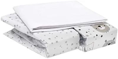 Produktbild von PolkaHome® Spannbettlaken-Set für Kinderwagen und Reisebett 75x35 cm – 2 Spannbettlaken & 1 wasserdichte Matratzenauflage, Weiß mit
