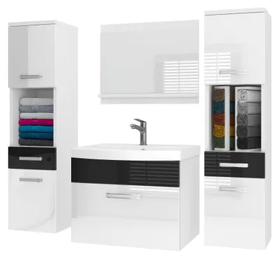 Image de Ensemble de meubles de salle de bains BELINI PRI P6 120 cm blanc/noir brillant - Meuble de salle de bains moderne avec lavabo et miroir, équipement complet, fixation murale