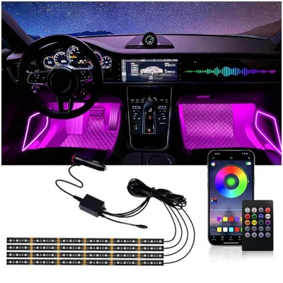 Obrázek produktu pro LED interiérové osvětlení do auta, sada 4 kusů, 72 LED diod, 12V, vodotěsné, ovládání přes aplikaci a dálkovým ovladačem
