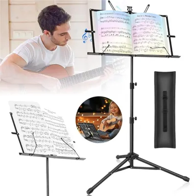 Produktbild von Notenständer mit Tasche Notenständer aus Metall Notenpult Orchesterpult Notenablage klappbar und leicht 60-140 cm in Schwarz für Kinder & Erwachsene