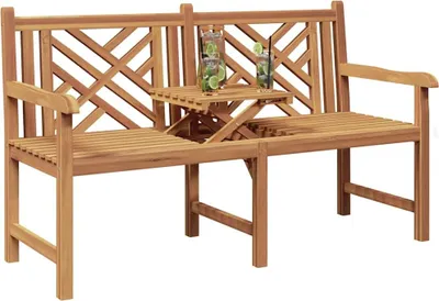 A wooden garden bench with a small table in the middle, holding two drinks.