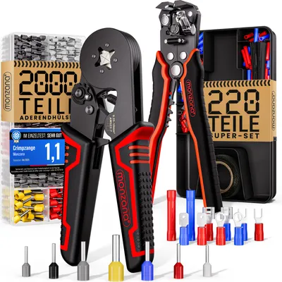 Produktbild von MONZANA® Crimpzange Vierkant 0,25-10mm² 2000tlg. Abisolierzange 3in1 Set 220-teilig Zubehör Box 0,2-6mm² Aderendhülsen Set Tasche Aderendhülsenzange