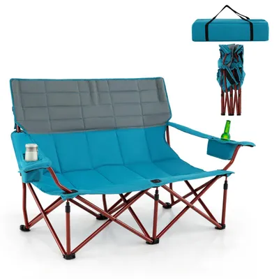 Produktbild von GOPLUS Campingstuhl für 2 Personen, Klappstuhl mit verstellbaren Armlehnen, Getränkehaltern & Tragetasche, bis 272 kg Belastbar, Marineblau
