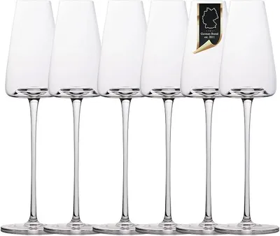 Imagen del producto de Silecomplaza, juego de 6 copas de champán con diseño moderno, capacidad de 220 ml. Ideales para champán, prosecco y otros vinos espumosos. Fabricadas en cristal resistente y aptas para lavavajillas