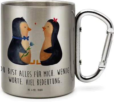 Produktbild von Mr. & Mrs. Panda Thermobecher Pinguin Pärchen - Transparent - Geschenk, Pinguine, Hochzeit, Metallbecher, Hochzeitsgeschenk, Edelstahl-Isolierbecher, Reisebecher