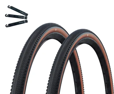 Produktbild von 2 x Schwalbe G-One Comp Fahrradreifen Active K-Guard Green Compound E-25 Schwarz/Bronze 40-622 (28 x 1.50") inkl. maxxi4you Reifenheber