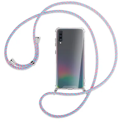 Produktbild von Handykette Backcover-Schutzhülle mit Band (Metall silberfarben) für Samsung Galaxy A70 - pink/mint