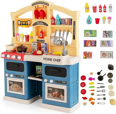 Produktbild von 69 TLG. Kinderküche mit Dampf-Effekt & Kochfunktion, Kinderspielküche mit Spülbecken Wasserhahn Herd Öfen, Spielküche mit Licht & Sound-Effekt & echtem Wasserfluss, für Kinder ab 3 (Blau)