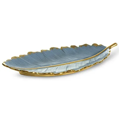 Zdjęcie produktu dla Patera dekoracyjna HIRAL liść niebieska/złota 53x23 cm