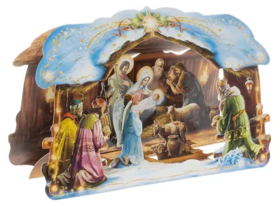 A Nativity scene with figures of Mary, Joseph, baby Jesus, angels, and wise men inside a stable.