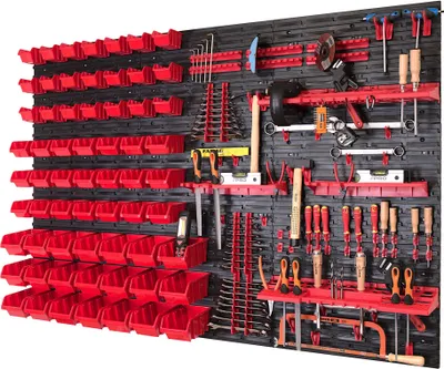Produktbild von 136-tlg. Werkzeugwand Set 1728 x 1170 mm Werkstattwand mit 63 Stapelboxen Werkzeughalterungen Werkstattregal Wandregal für Werkstatt Garage Lagersystem Werkstatteinrichtung Kunststoff