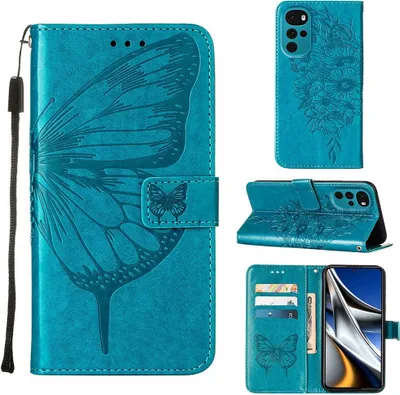 Produktbild von Moto G22 Hülle, Schmetterling Prägung Flip Leder Kartenfächer Schutzhülle Ledertasche mit Ständer für Motorola Moto G22 Blau