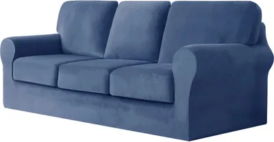 Produktbild von (Blau) 7-teiliger Stretch-Sofabezug, 3-Sitzer-Couchbezug mit separaten Rückenlehnen und Kissen mit Gummiband