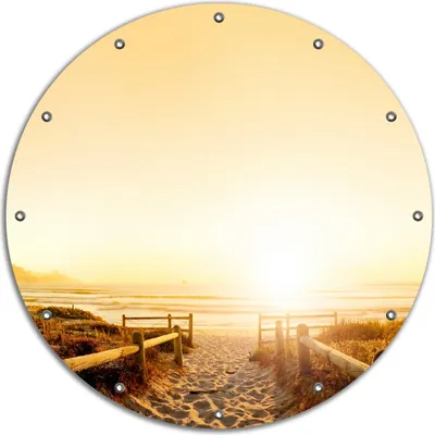 Produktbild von Wallario rundes Outdoor-Poster für Garten oder Balkon, Motiv Strand in Südafrika II - Himmel in orange, 90 cm Durchmesser