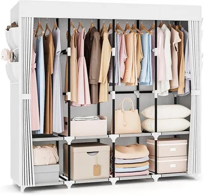 Zdjęcie produktu dla Szafa garderobiana, szafa z tkaniny, szerokość 170 cm, pojemna szafa z tkaniny, z pokrywą, wyposażona w 4 półki i 4 wieszaki, stabilna, wolnostojąca szafa tapicerowana do sypialni, kolor biały
