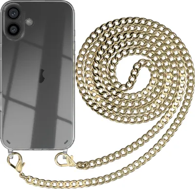 Produktbild von EAZY CASE Metall Handykette für Apple iPhone 16 Plus, Handyhülle mit Umhängeband, Silikonhülle, Metallkette für Smartphone in Gold