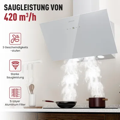 Image de Hotte aspirante sans cadre LEVIVO A+++ 60 cm en mode recyclage & évacuation avec débit d’air de 420 m³/h, hotte avec 2 filtres à charbon actif, 1 filtre à graisse, 3 niveaux