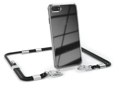 A transparent phone case with a black lanyard attached, shown against a white background.
