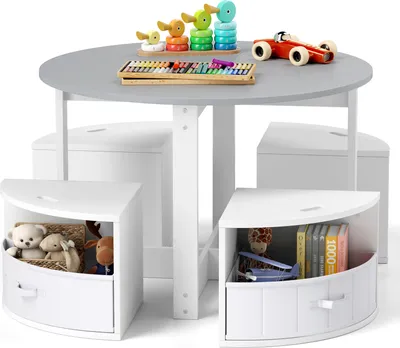 Immagine prodotto di COSTWAY Set di 5 pezzi per bambini, tavolo rotondo con 4 sgabelli e 4 cassetti in tessuto per varie attività Grigio + Bianco