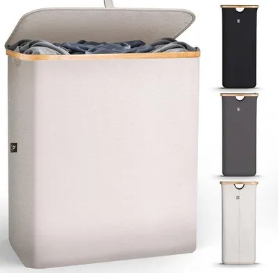 Produktbild von Famanu Wäschekorb mit 2 Fächern und Deckel 140L - Moderne Wäschebox für Badezimmer und Schlafzimmer mit Griffen - Faltbarer Wäschekorb mit