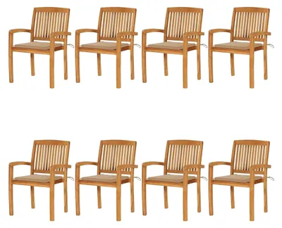 Produktbild von Stapelbare Gartenstühle mit Kissen 8 Stück aus Teakholz für Garten, Pool, Terrasse und Esszimmer