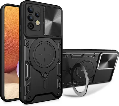 Immagine prodotto di Custodia per Samsung Galaxy A32 4G custodia resistente a doppio strato con copertura della fotocamera e supporto ad anello nero