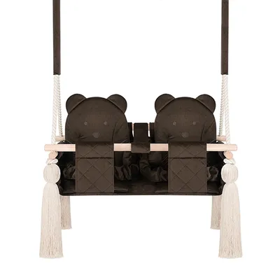 Image de Balançoire jumelle Guguplanet Marron : Intérieur, structure en bois, siège en velours tricoté, harnais de sécurité, corde en coton, crochet de plafond inclus
